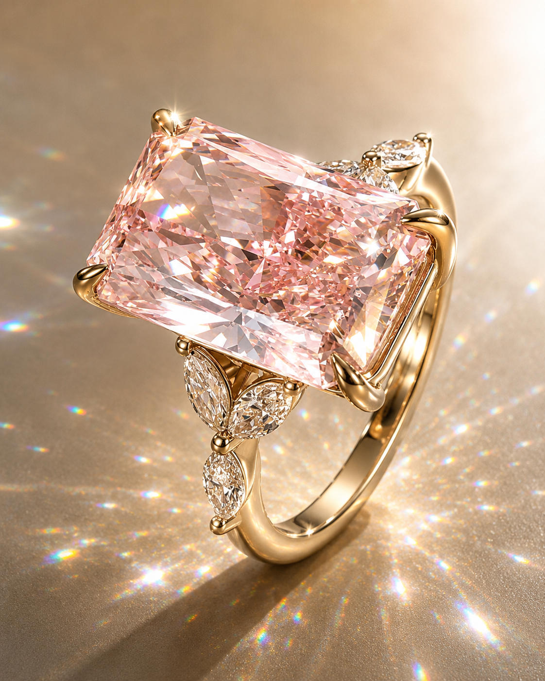 5CT Pink Lab Diamond Ring in 18K Gold | Radiant Cut Engagement Ring | Luxury Marquise Side Stone