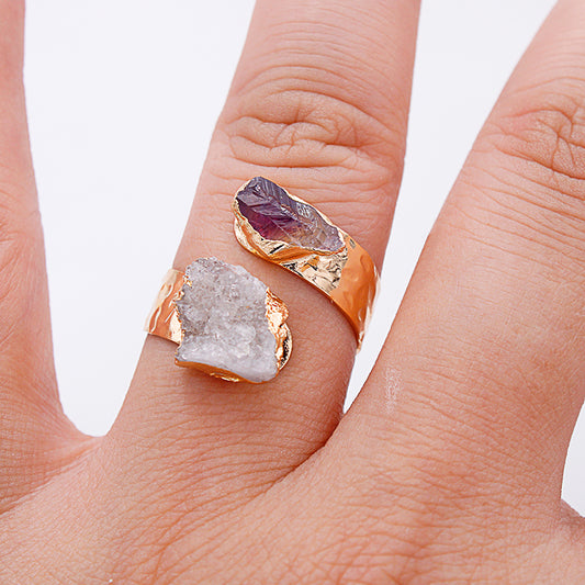 Raw Amethyst and quartz druzy crystals adjustable open finger ring, gold plated,bohemian dainty elegant,protection, mascot,party, wedding