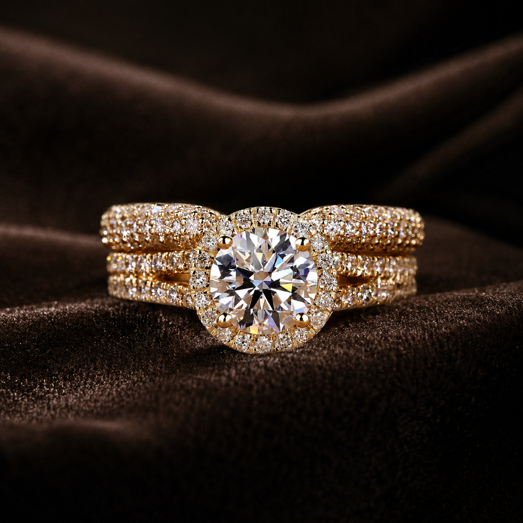 Halo Moissanite Ring Set 1CT –  Gold Plated Silver Pavé Band | SEÓRA