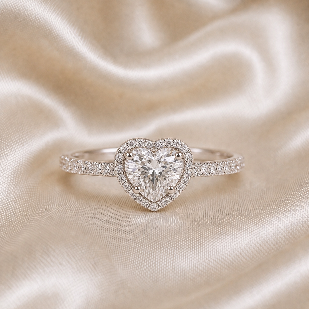 Halo Pavé Ring — Heart Cut 1CT Silver Moissanite Ring 