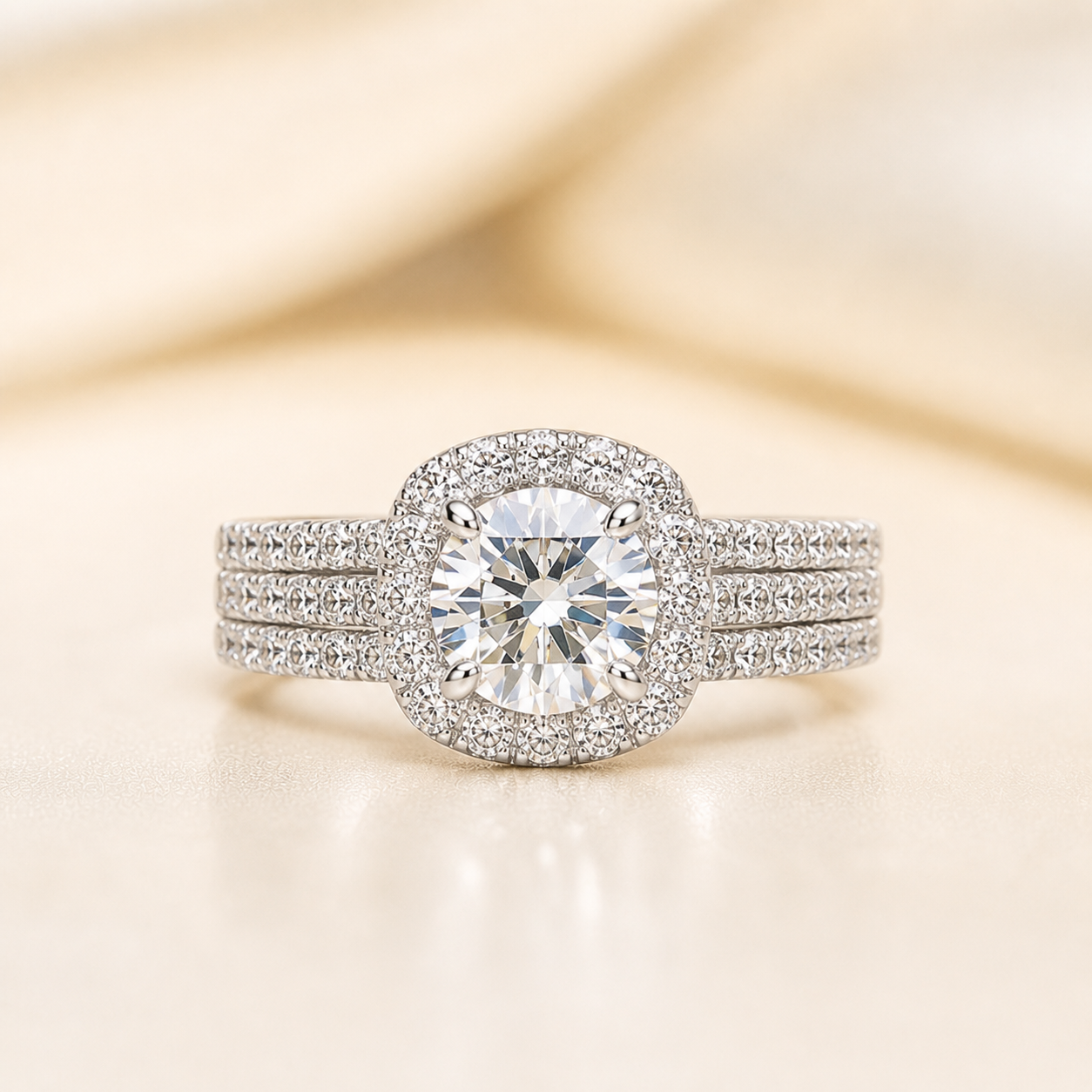 Round Cut Halo Moissanite Ring – Triple Pavé Silver Band | SEÓRA