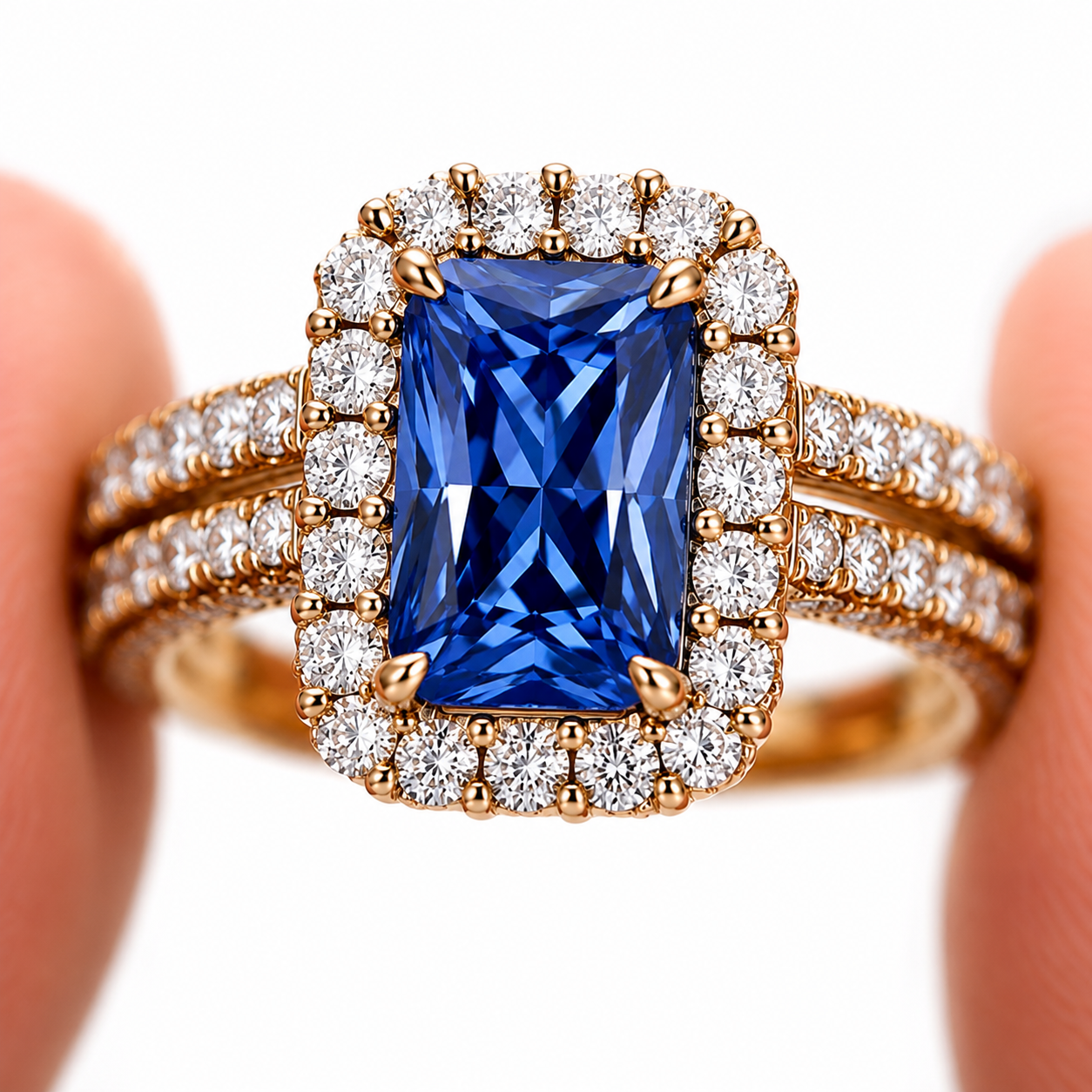 2Ct Lab Grown Sapphire Halo Bridal Set in Solid 18K Gold | Moissanite Wedding Ring Set | SEÓRA