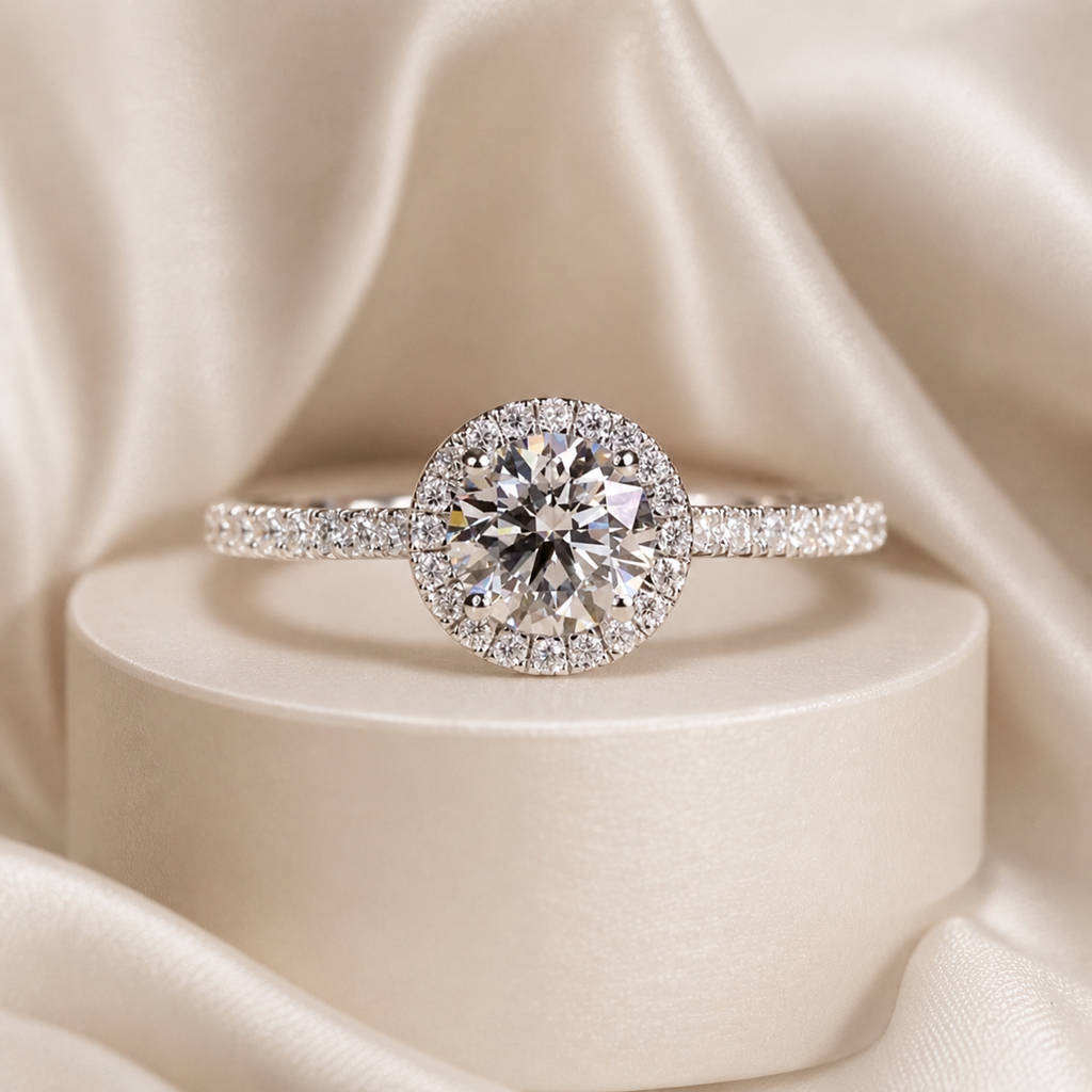 Round Moissanite 1CT Halo Pavé Ring in 18K Gold or Silver | SEÓRA