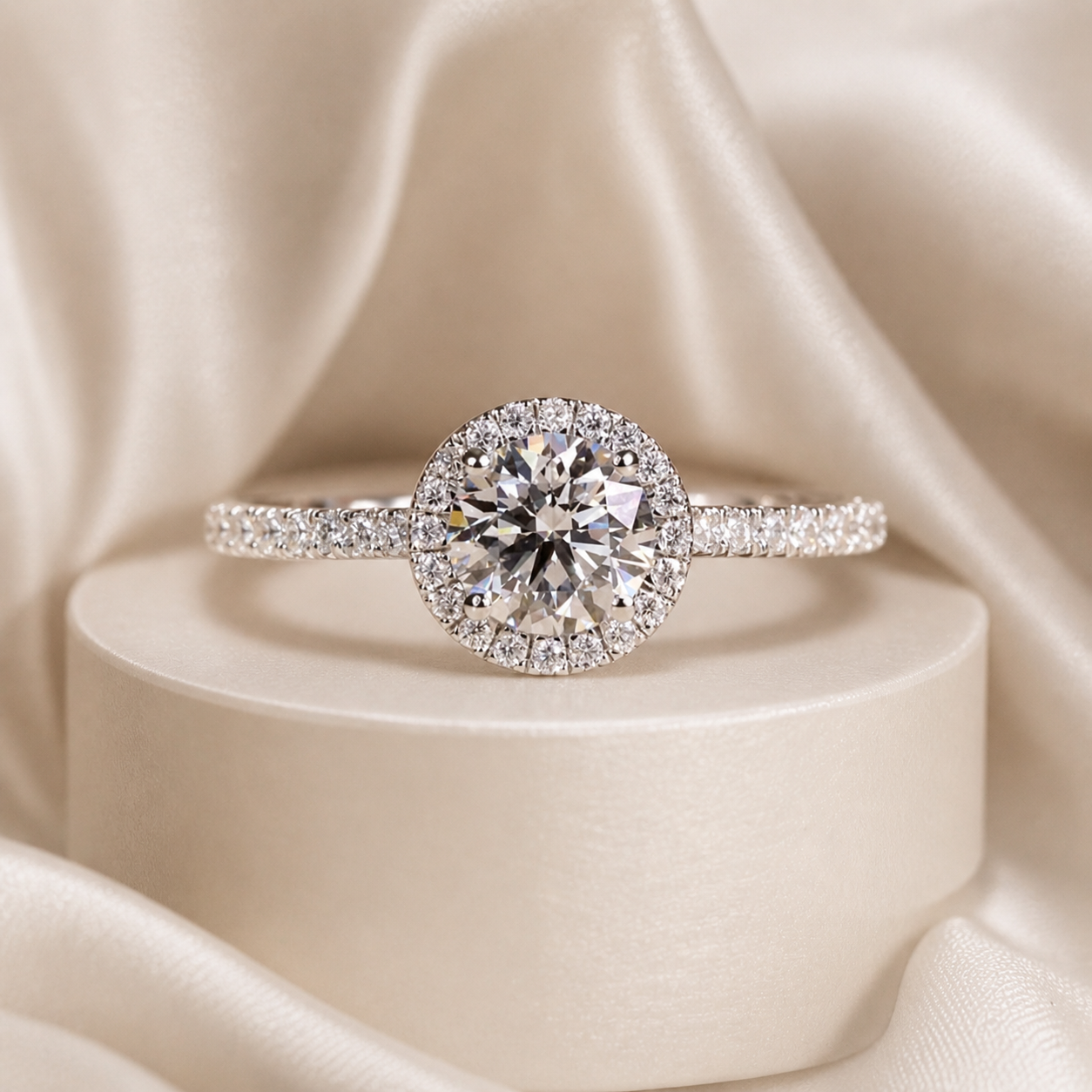 Round Moissanite 1CT Halo Pavé Ring in 18K Gold or Silver | SEÓRA