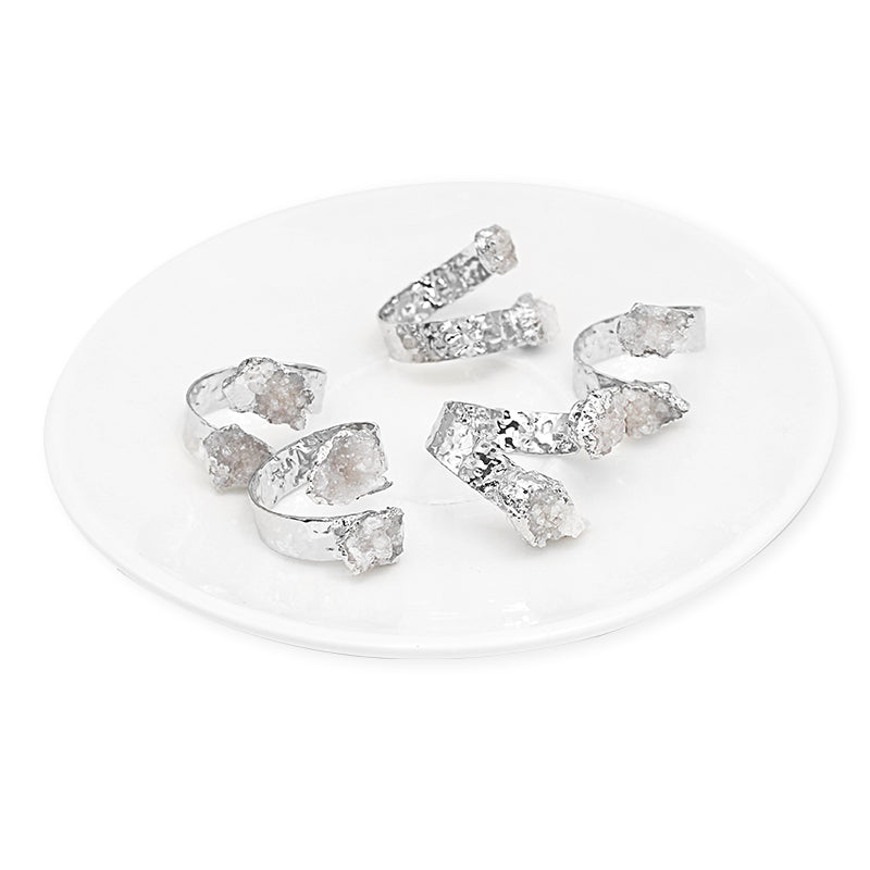 Raw white quartz druzy crystals adjustable finger ring, gemstone, zodiac, bohemian fashion dainty elegant protection stone, wedding, party