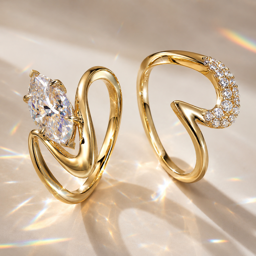 18K Gold Marquise Moissanite Engagement Ring | 2 CT Sculptural Bypass Ring