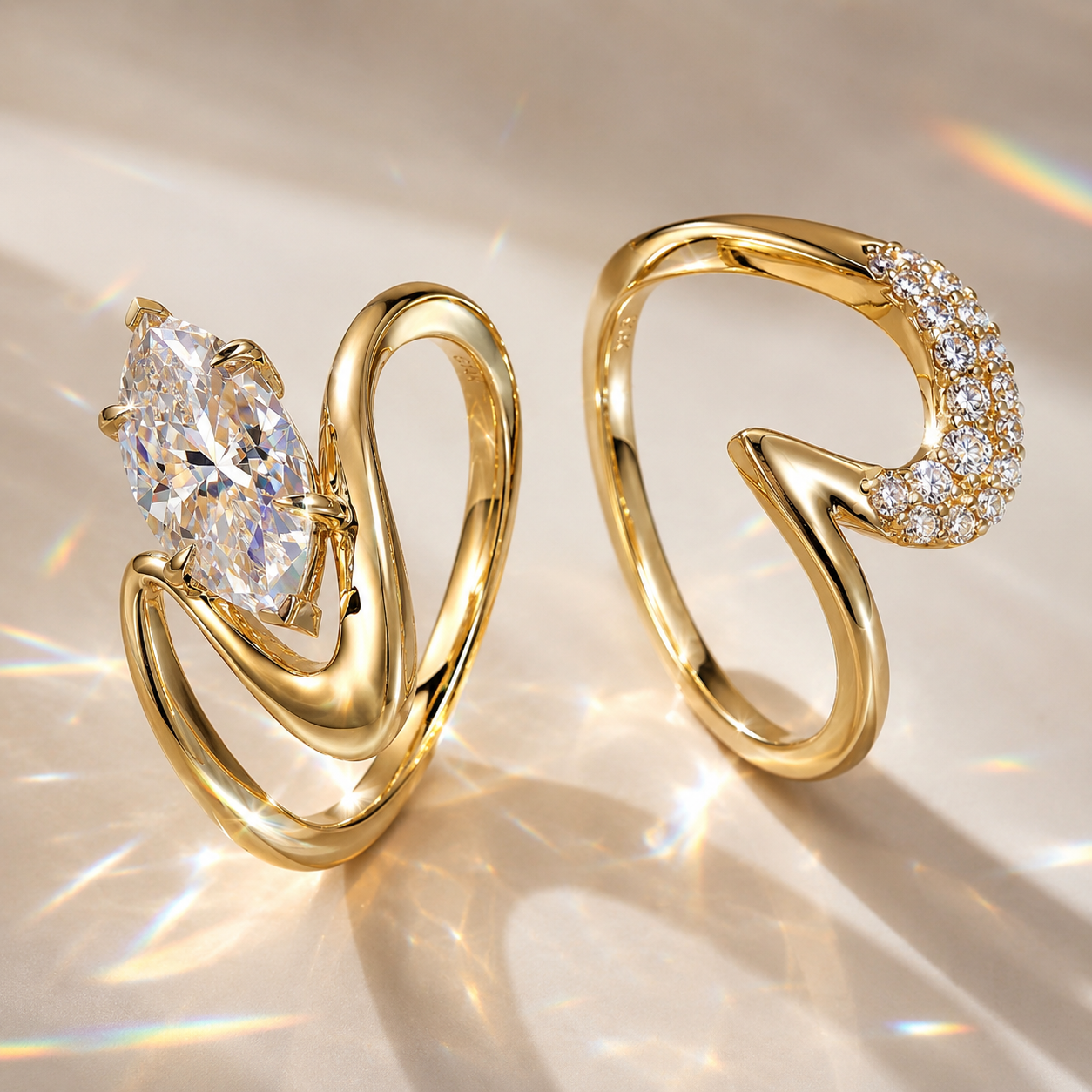 18K Gold Marquise Moissanite Engagement Ring | 2 CT Sculptural Bypass Ring