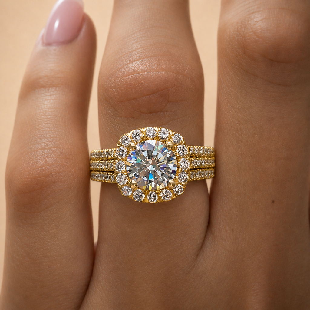 Round Cut Halo Moissanite Ring – Triple Pavé Silver Band | SEÓRA
