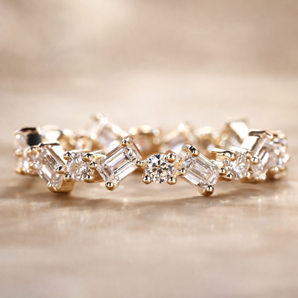 Emerald & Round Cut Moissanite Full Eternity Ring – 18K Gold | SEÓRA