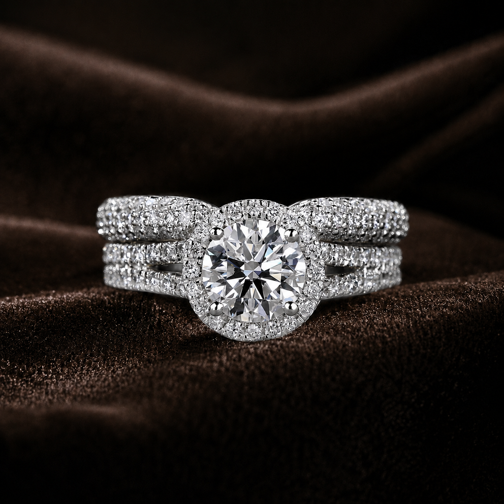 Halo Moissanite Ring Set 1CT –  Gold Plated Silver Pavé Band | SEÓRA