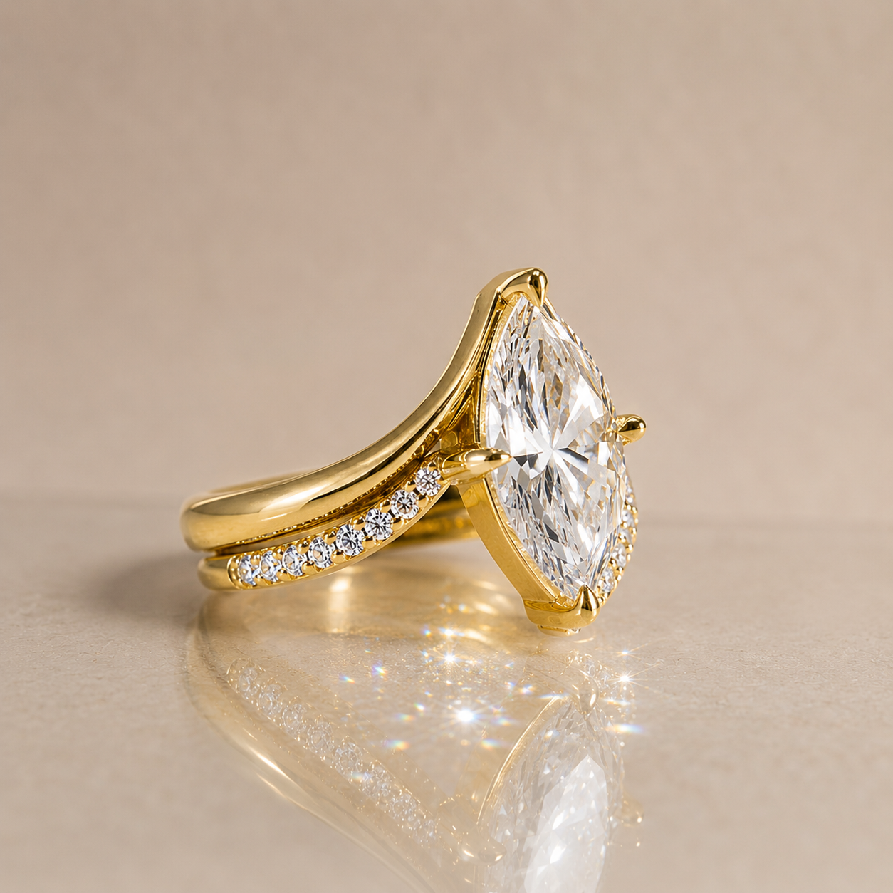 Marquise Moissanite Double-layer Ring  3CT – 18K Gold Curved Pavé Band | SEÓRA