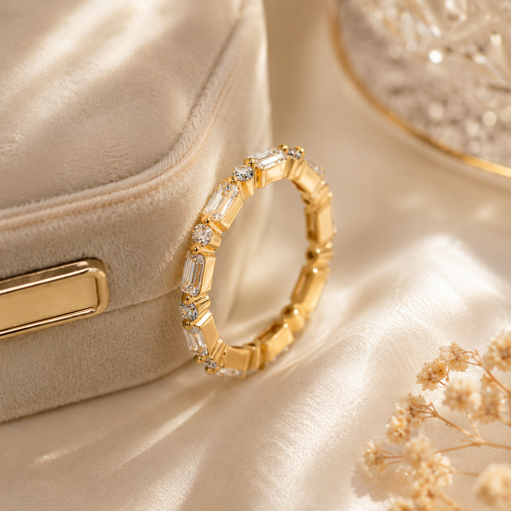 Baguette & Round Moissanite Eternity Ring – Solid 14K Gold
