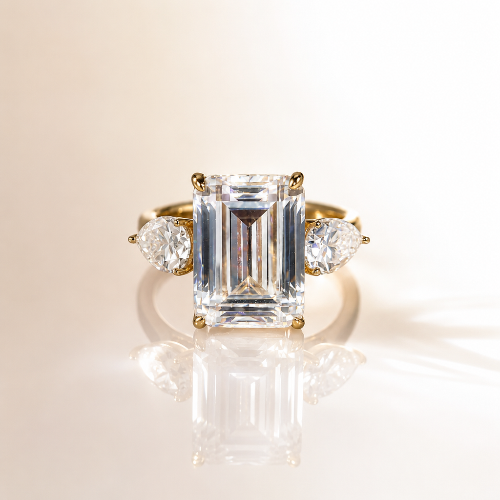 4Ct Emerald Cut Moissanite Ring with Pear Side Stones | 18 K Gold | SEÓRA