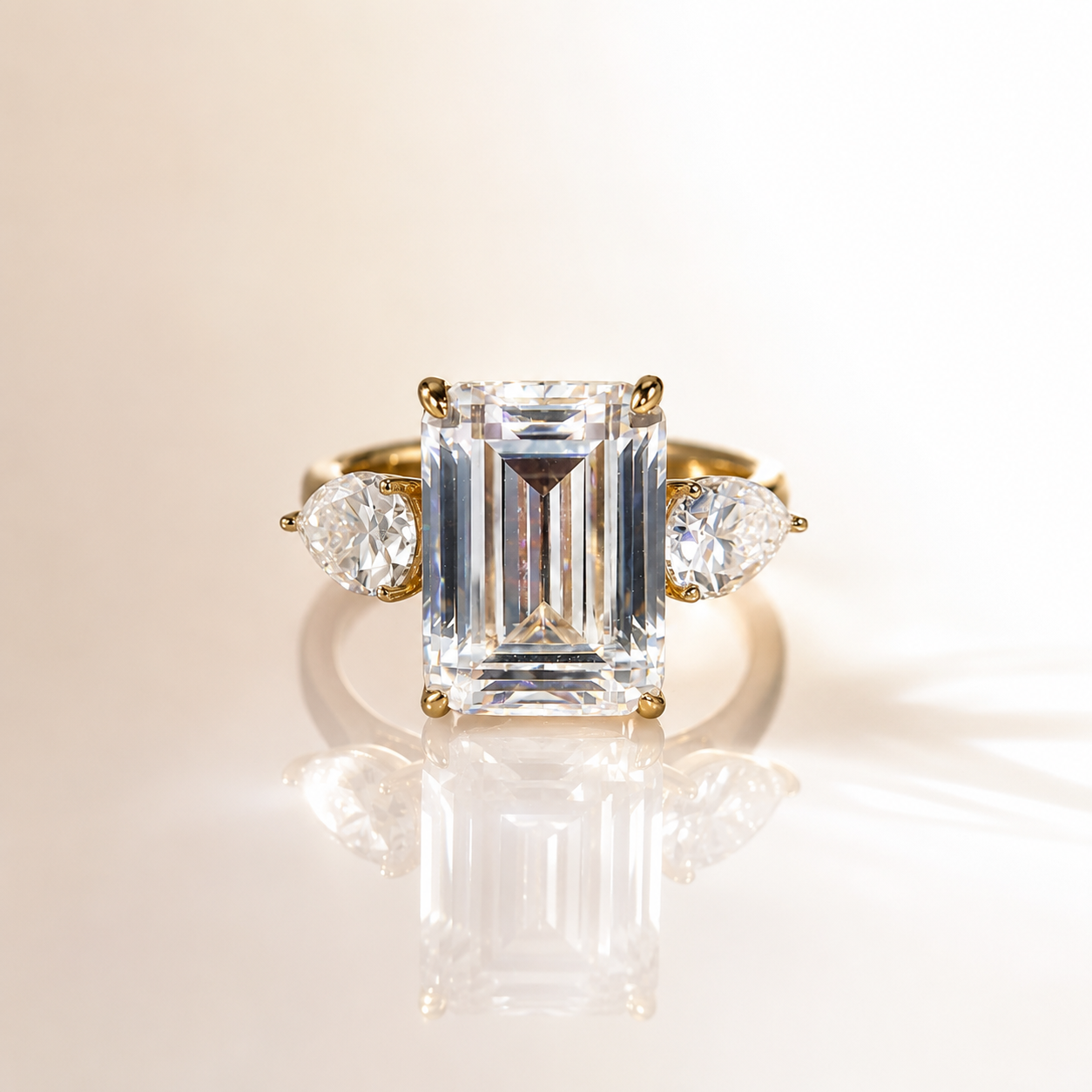4Ct Emerald Cut Moissanite Ring with Pear Side Stones | 18 K Gold | SEÓRA