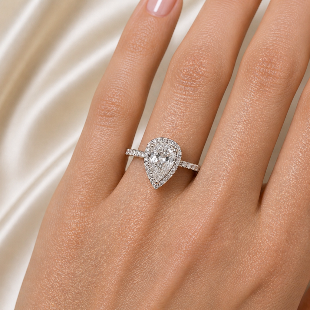 Halo Pavé Ring — Pear Cut 1CT Silver Moissanite Ring on hand