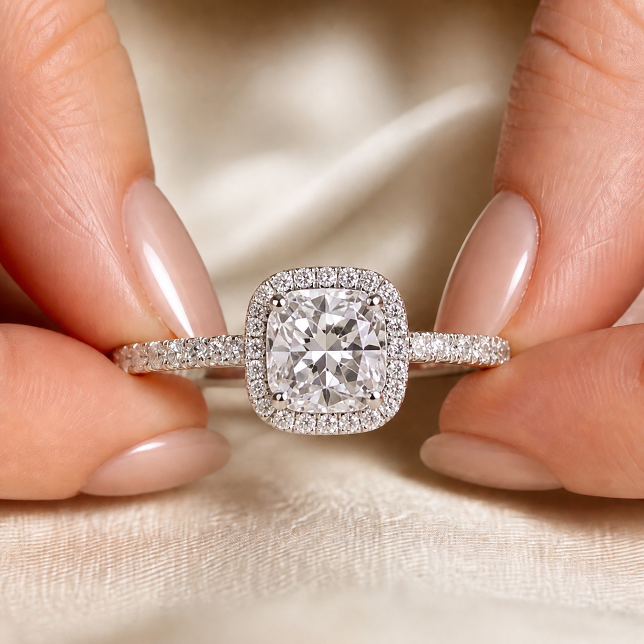 Halo Pavé Ring — Cushion Cut 1CT Silver Moissanite Ring 