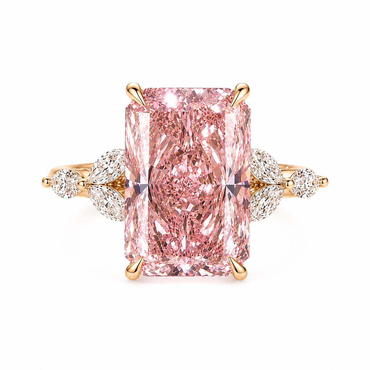 5CT Pink Lab Diamond Ring in 18K Gold | Radiant Cut Engagement Ring | Luxury Marquise Side Stone