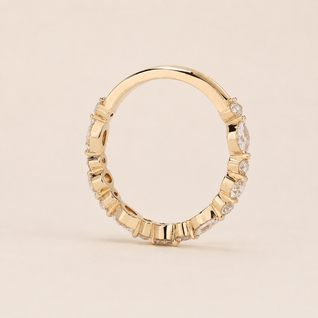 18K Gold Moissanite Half Eternity Ring – Marquise & Round Wedding Band