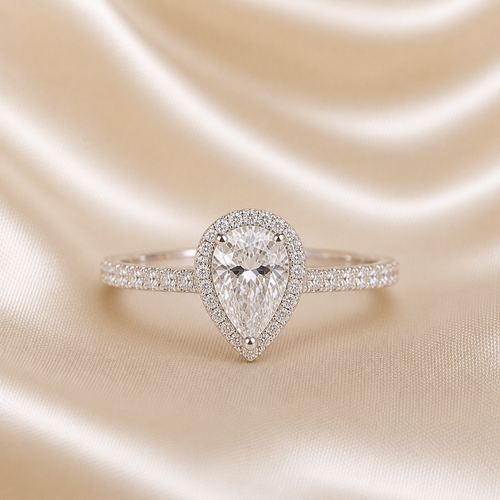 Halo Pavé Ring — Pear Cut 1CT Silver Moissanite Ring 