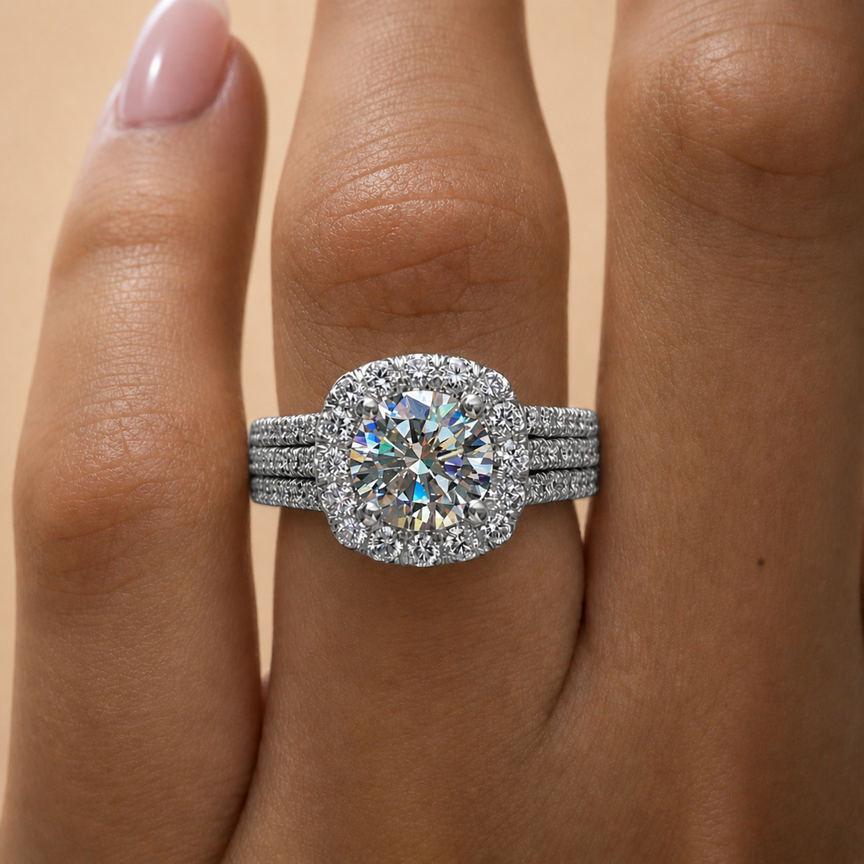 Round Cut Halo Moissanite Ring – Triple Pavé Silver Band | SEÓRA