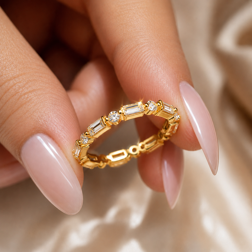 Baguette & Round Moissanite Eternity Ring – Solid 14K Gold