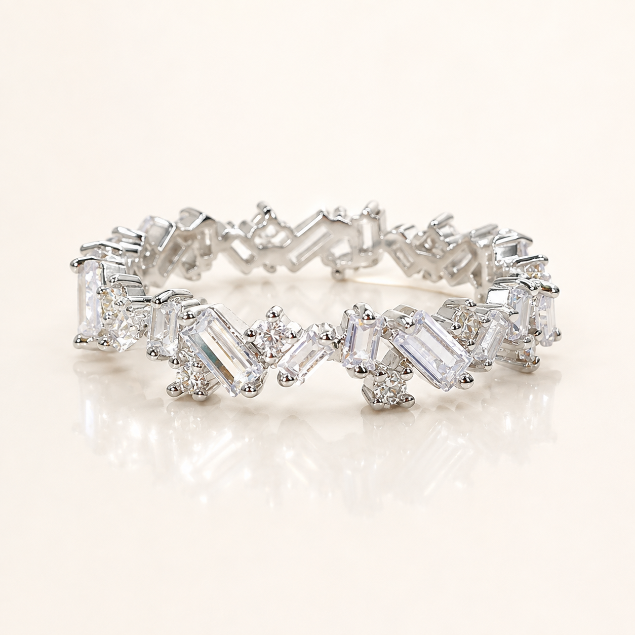 Alternating Baguette & Round Moissanite Eternity Ring | 925 Sterling Silver Wedding Band | SEÓRA