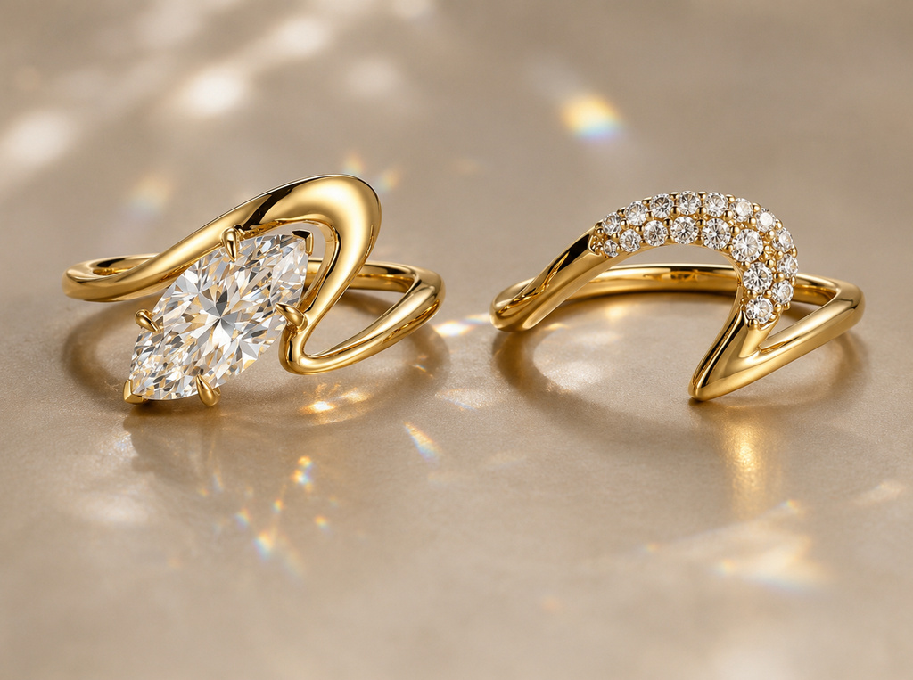 18K Gold Marquise Moissanite Engagement Ring | 2 CT Sculptural Bypass Ring