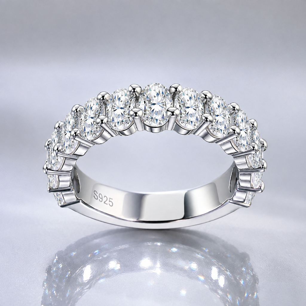 Oval Moissanite Half Eternity Ring in Silver | Wedding Band | Anniversary Ring | SEORA