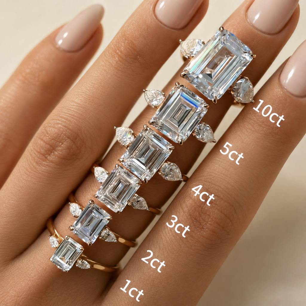 4Ct Emerald Cut Moissanite Ring with Pear Side Stones | 18 K Gold | SEÓRA