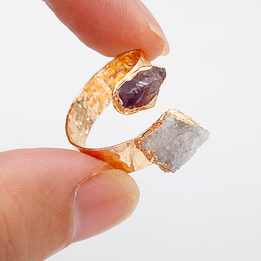 Raw Amethyst and quartz druzy crystals adjustable open finger ring, gold plated,bohemian dainty elegant,protection, mascot,party, wedding