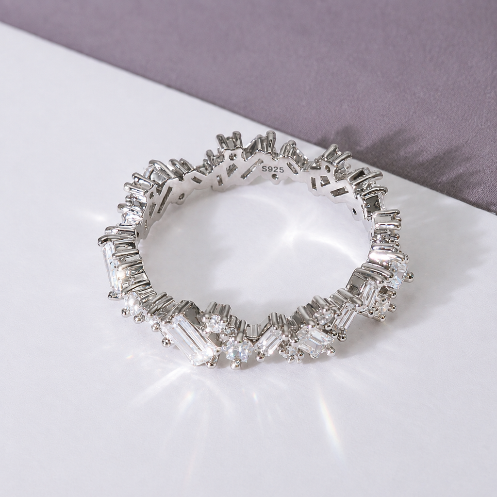 Alternating Baguette & Round Moissanite Eternity Ring | 925 Sterling Silver Wedding Band | SEÓRA