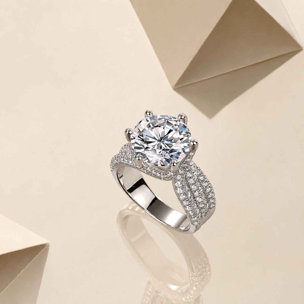 5CT Round Cut Moissanite Pavé White Gold Plated Silver Ring | SEÓRA