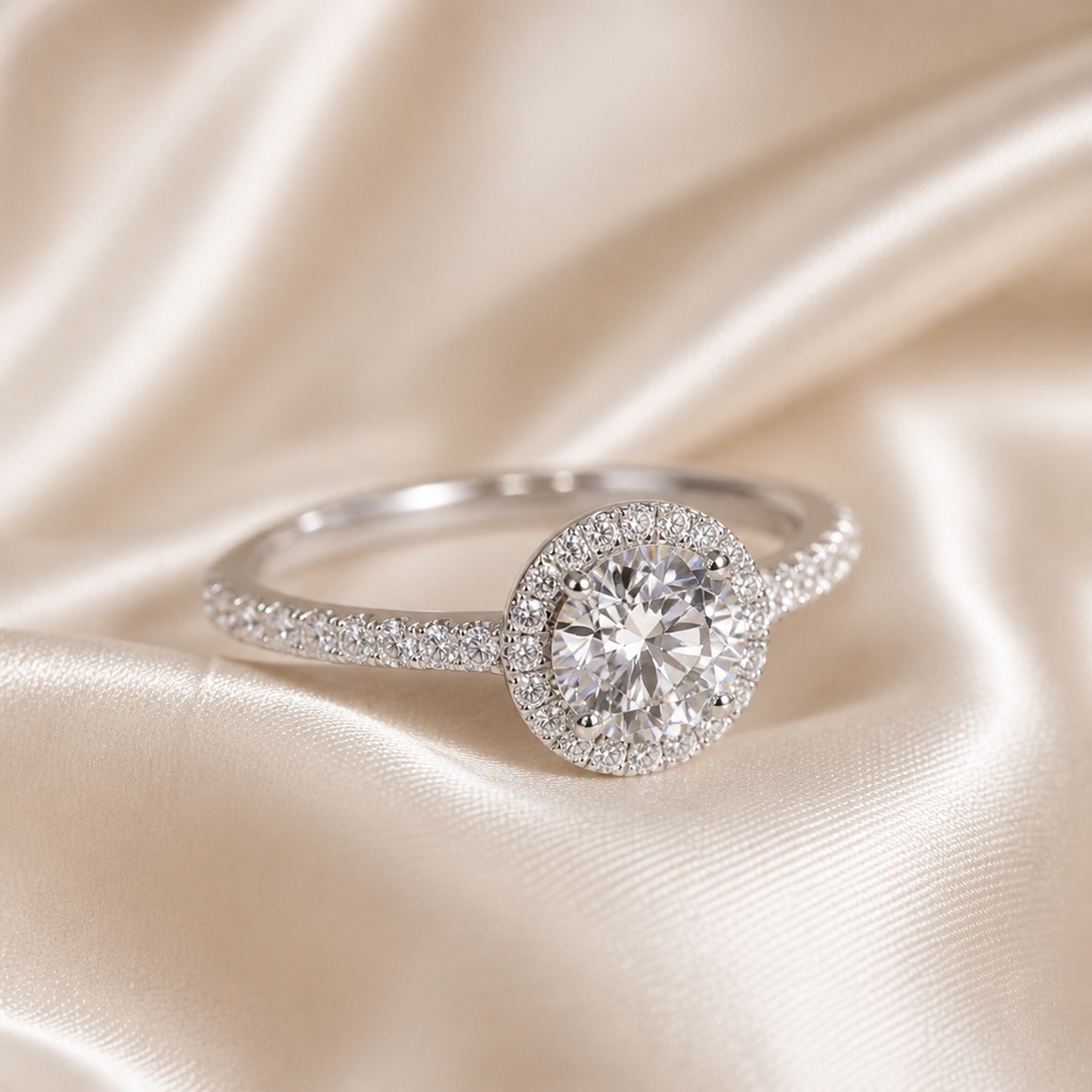 Round Moissanite 1CT Halo Pavé Ring in 18K Gold or Silver | SEÓRA