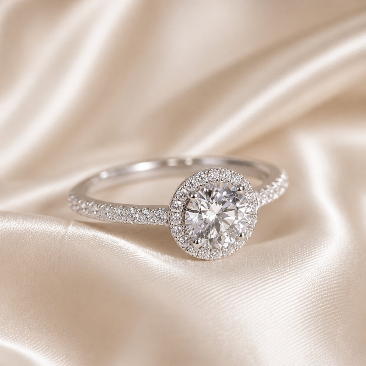 Round Moissanite 1CT Halo Pavé Ring in 18K Gold or Silver | SEÓRA