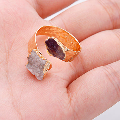 Raw Amethyst and quartz druzy crystals adjustable open finger ring, gold plated,bohemian dainty elegant,protection, mascot,party, wedding