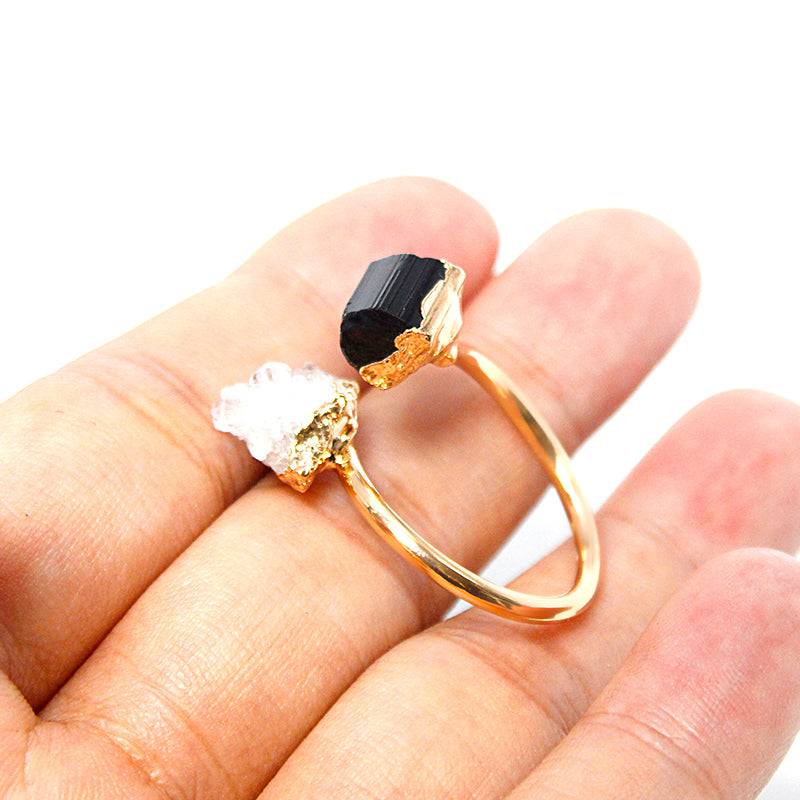Open finger ring with two raw crystals Black Tourmaline and quartz druzy crystal, natural gem, fashion dainty elegant healing protection