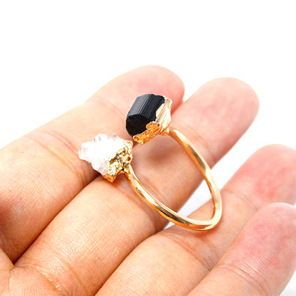 Open finger ring with two raw crystals Black Tourmaline and quartz druzy crystal, natural gem, fashion dainty elegant healing protection