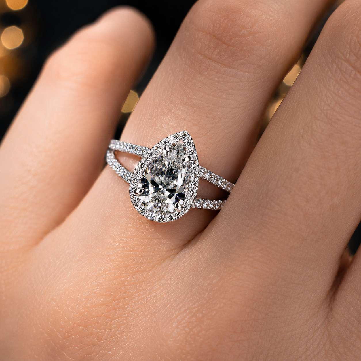 Pear Halo Moissanite Ring – Split Shank 925 Sterling Silver Engagement Ring | SEÓRA