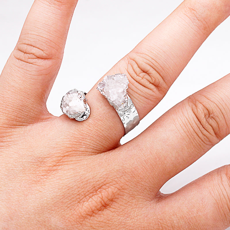 Raw white quartz druzy crystals adjustable finger ring, gemstone, zodiac, bohemian fashion dainty elegant protection stone, wedding, party