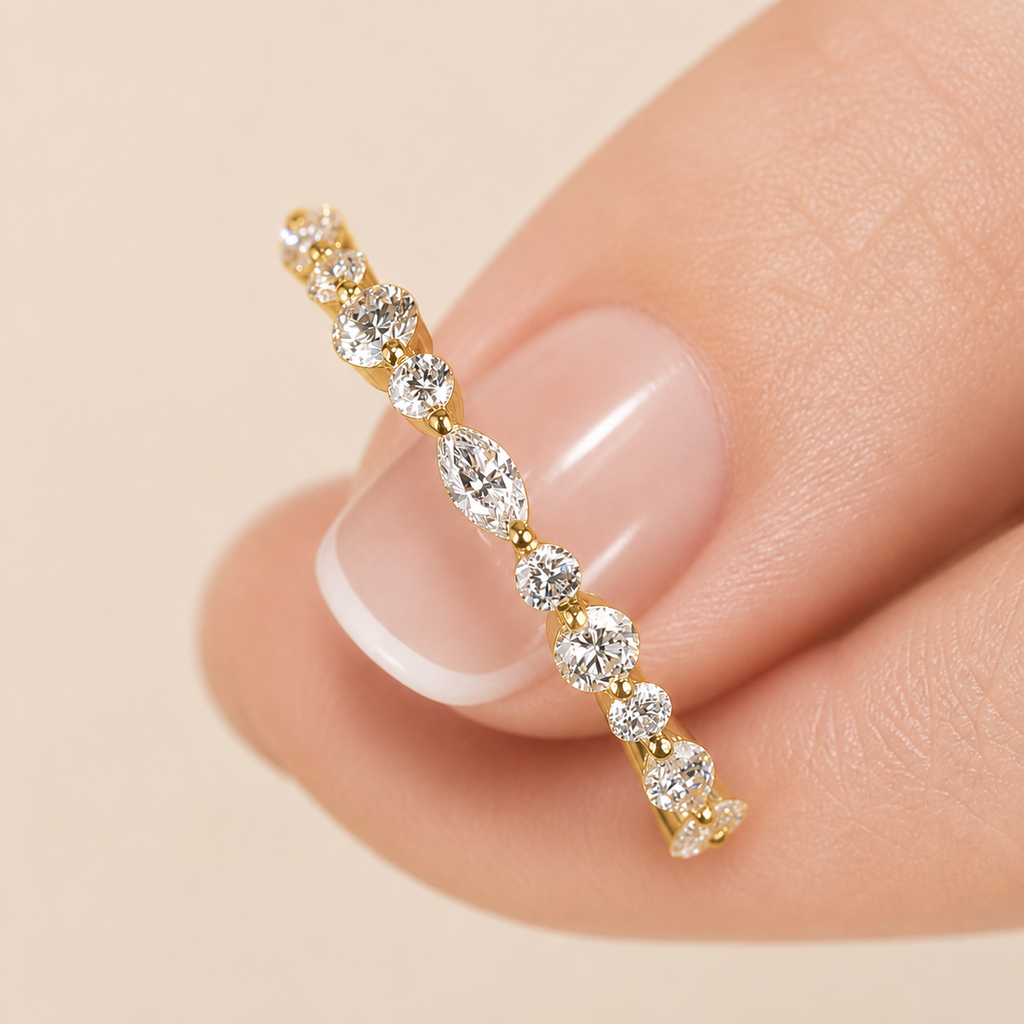 18K Gold Moissanite Half Eternity Ring – Marquise & Round Wedding Band