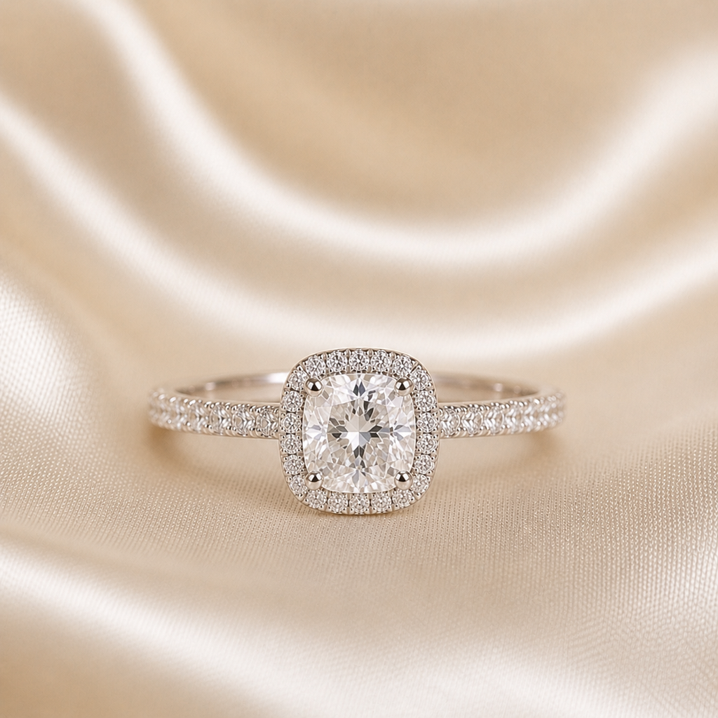 Halo Pavé Ring — Cushion Cut 1CT Silver Moissanite Ring