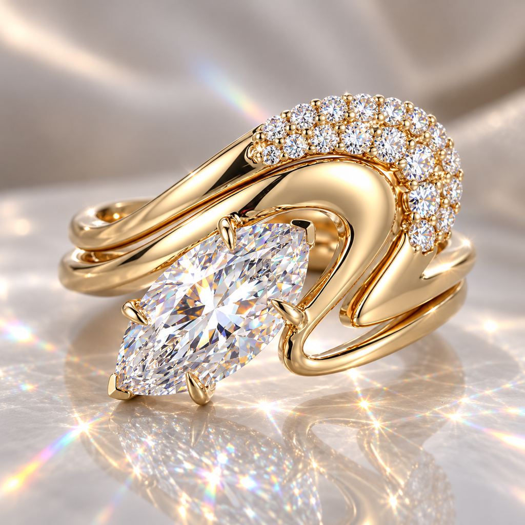 18K Gold Marquise Moissanite Engagement Ring | 2 CT Sculptural Bypass Ring