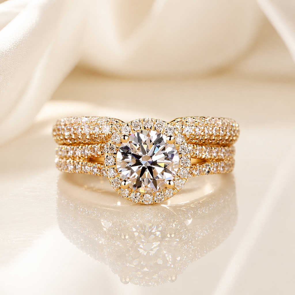 Halo Moissanite Ring Set 1CT –  Gold Plated Silver Pavé Band | SEÓRA