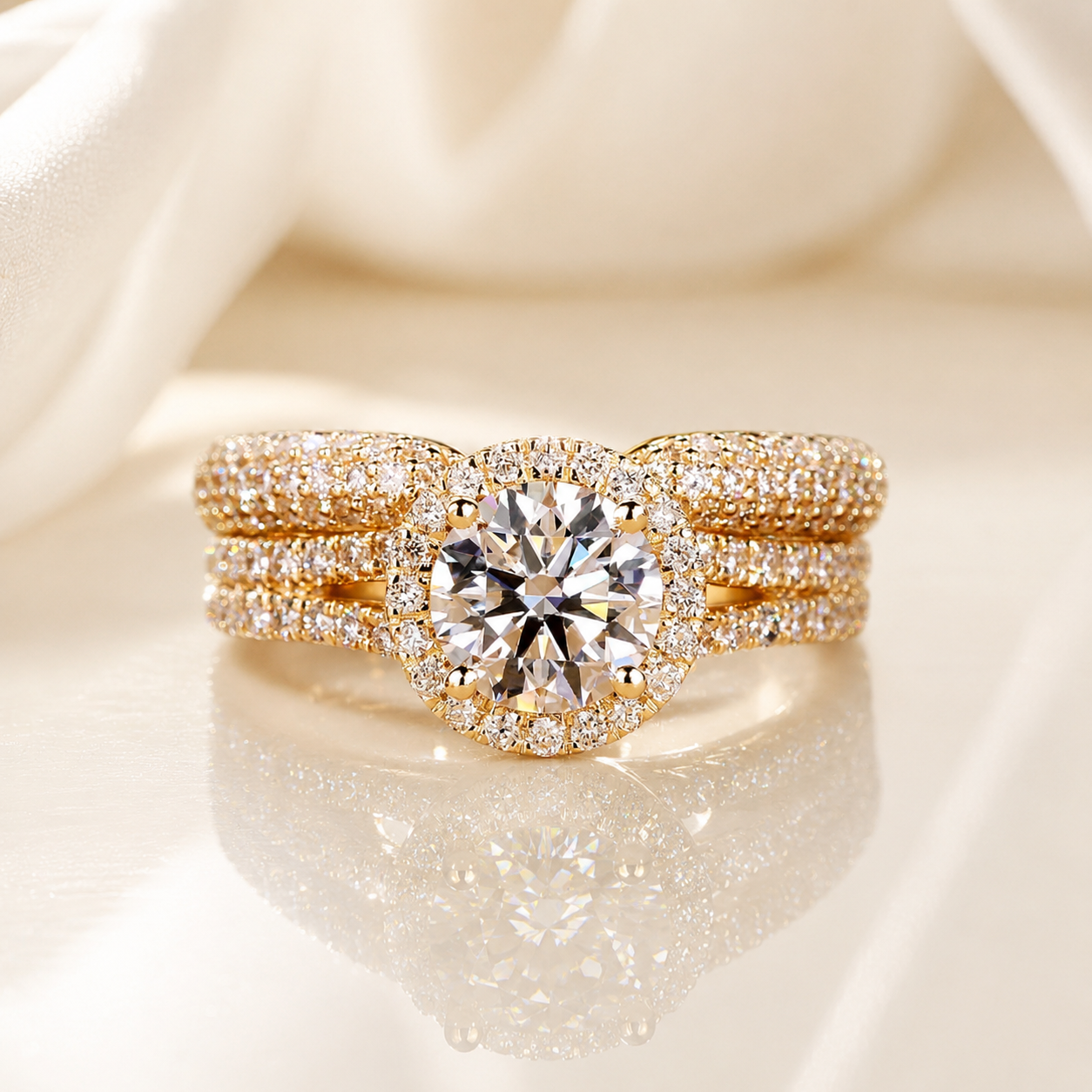 Halo Moissanite Ring Set 1CT – 18K Gold Pavé Band | SEÓRA