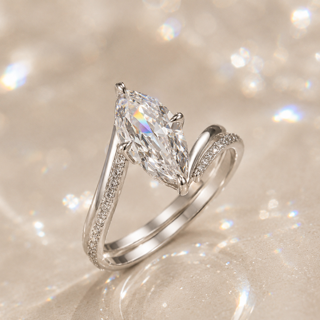 Marquize Cut Halo 3CT Moissanite Double-layer Ring  in Silver  | SEÓRA