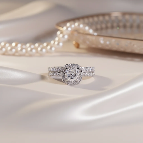Cushion Cut Halo Bridal Gold Ring Set | SEÓRA