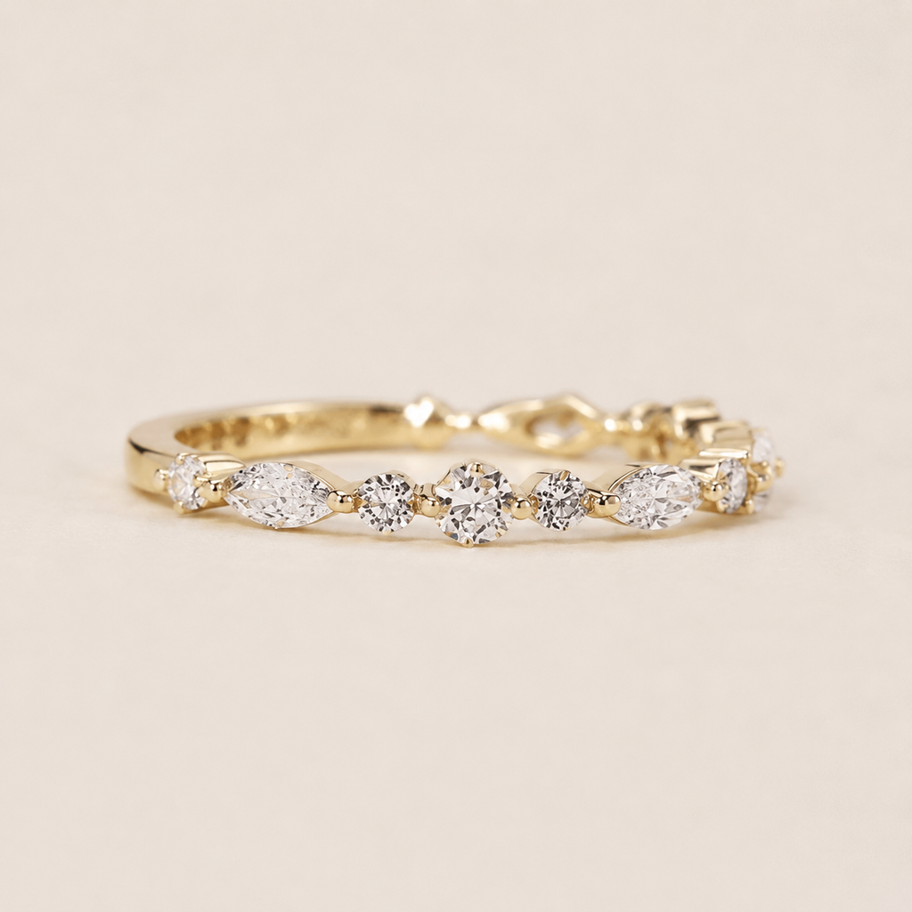 18K Gold Moissanite Half Eternity Ring – Marquise & Round Wedding Band