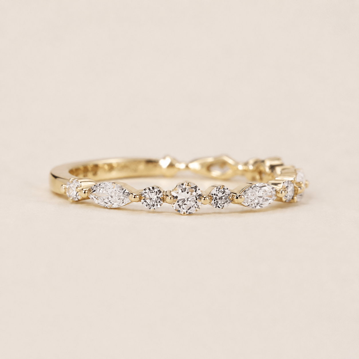 18K Gold Moissanite Half Eternity Ring – Marquise & Round Wedding Band