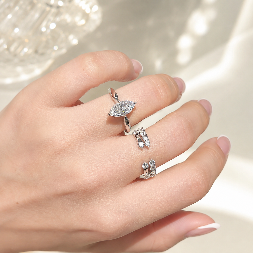 2CT Marquise Moissanite Bridal Ring Set in Sterling Silver | 3 Ring Wedding Set | Stackable Engagement Rings
