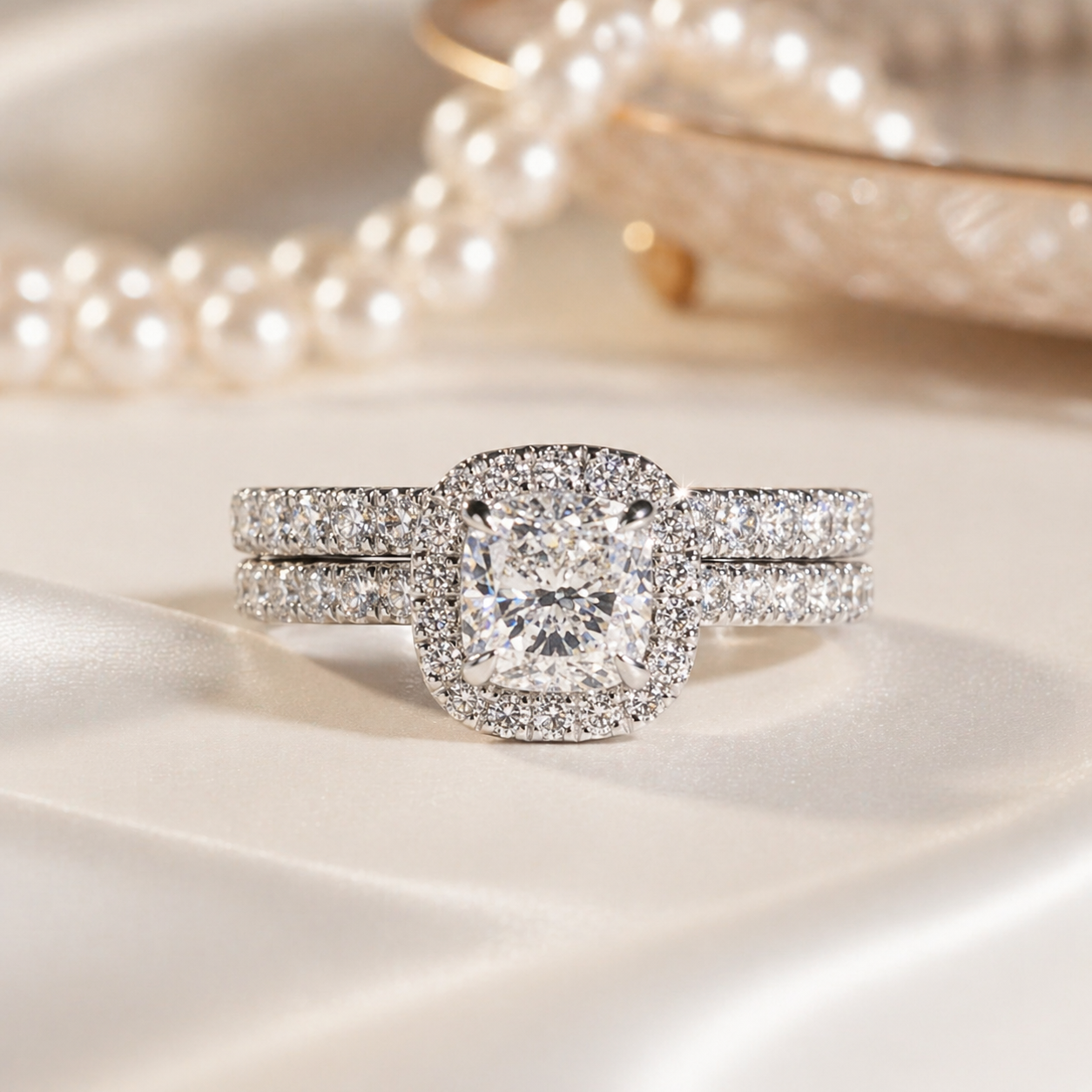 Cushion Cut Halo Bridal Silver Ring Set | SEÓRA